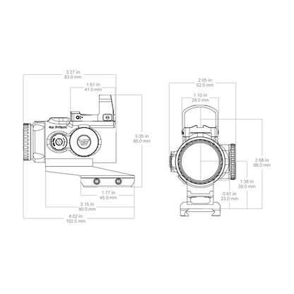 Technische Zeichnung des Vector Optics 4x24 Prismenvisiers mit Abmessungen und Montagepunkten, geeignet für präzise Waffenanpassung.