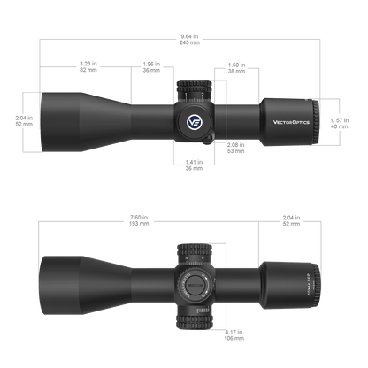 Technische Zeichnung des Veyron SFP Zielfernrohrs 10×44 mit detaillierten Abmessungen für Montage und Anwendung.