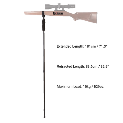 Monopod RSGR-01 montiert an einem Gewehr zur Veranschaulichung der Einsatzmöglichkeiten. Stabilität und Präzision für Jäger und Sportschützen.
