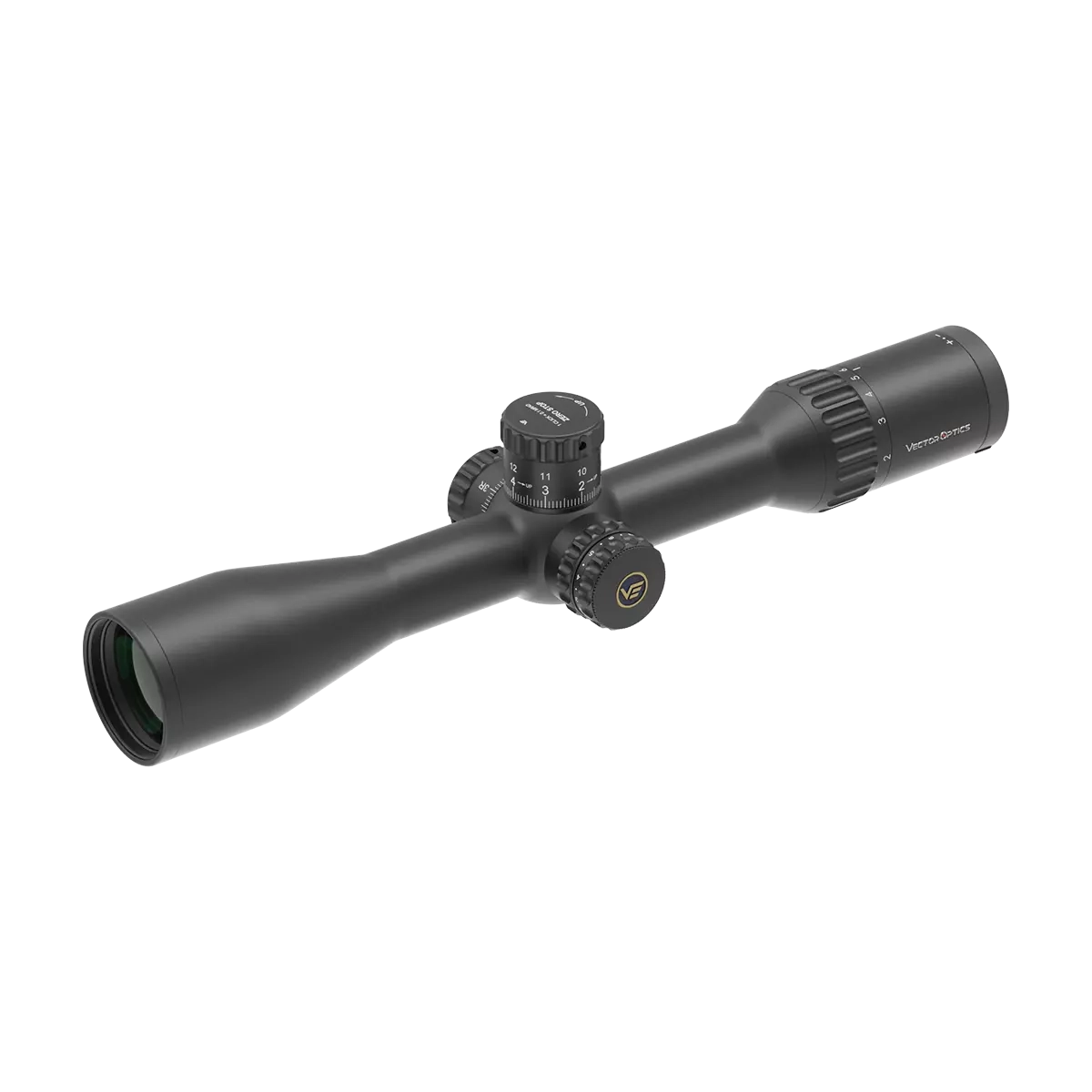 Seitliche Ansicht des Continental X8 2–16x44 ED SFP Zielfernrohrs mit taktischen Verstelltürmen und mattschwarzem Gehäuse.