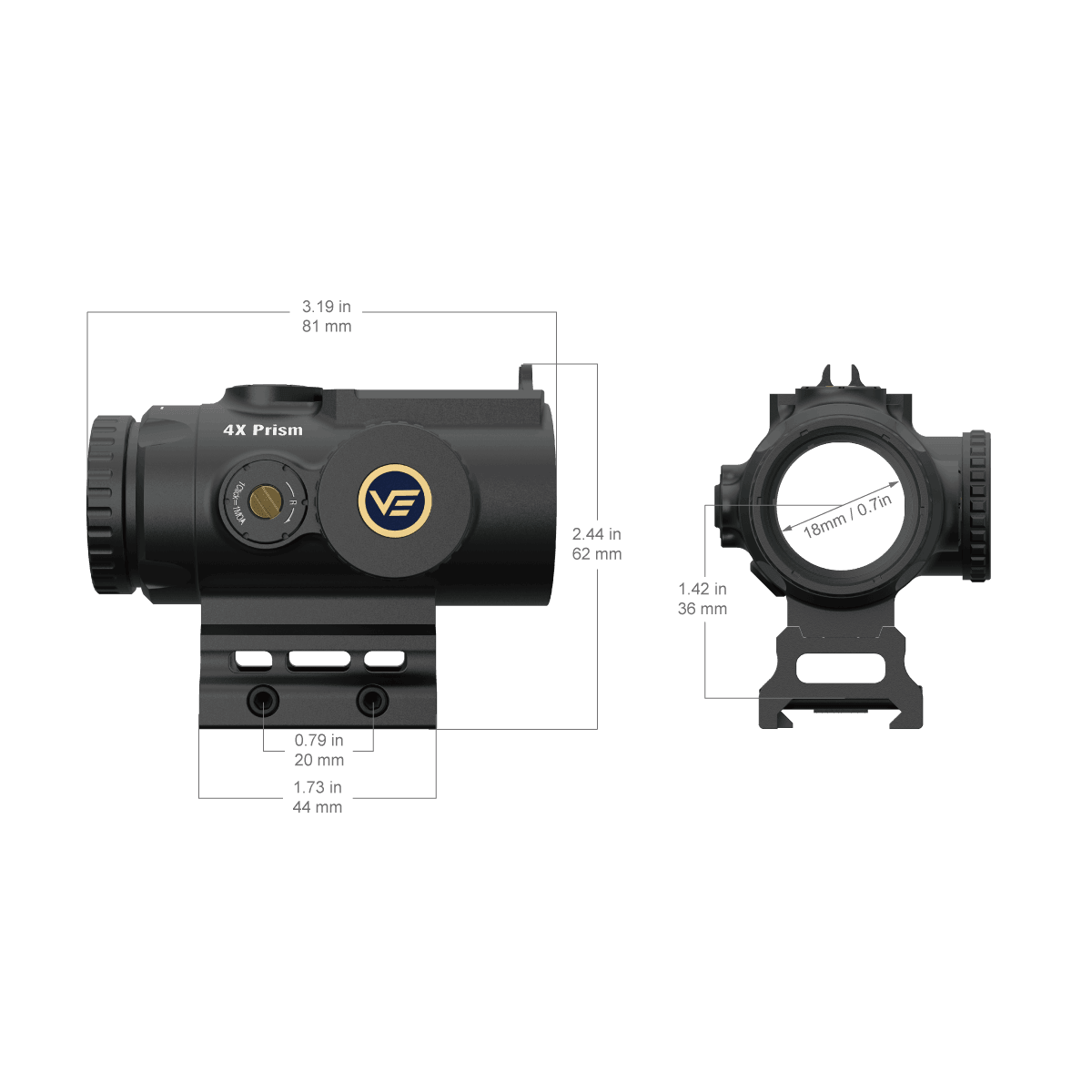 Prismenvisier 4x24 Micro | Kompakt & Präzise Optik mit technischen Maßen und 4X Prisma für optimale Montage und Zielgenauigkeit im Einsatz.