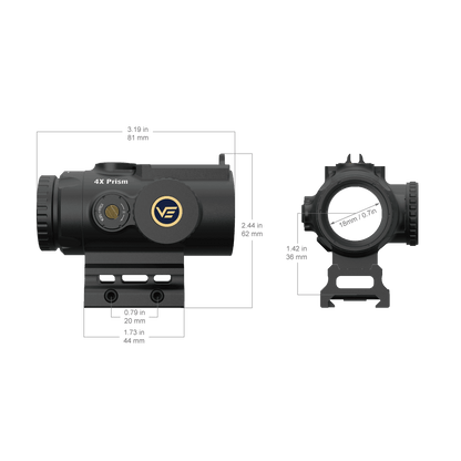 Prismenvisier 4x24 Micro | Kompakt & Präzise Optik mit technischen Maßen und 4X Prisma für optimale Montage und Zielgenauigkeit im Einsatz.