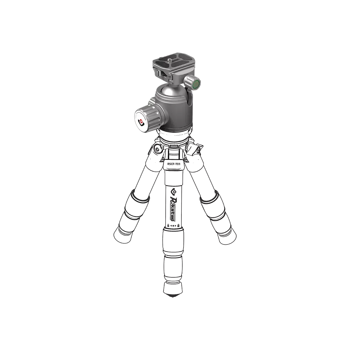 Kugelkopf RSRH-01 montiert auf Stativ RSCF-T01, ideal für professionelle Anwendungen mit bis zu 20kg Tragkraft und flexibler Ausrichtung.