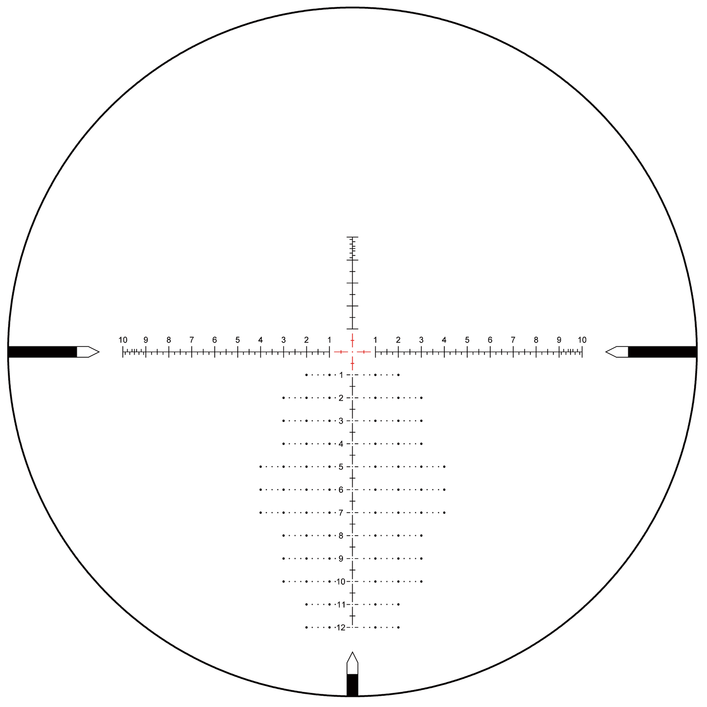 MIL FFP Absehen des Tauron 6-24x50 HD Zielfernrohrs mit roter Beleuchtung für präzises Zielen bei PRS und Long-Range-Schießen.