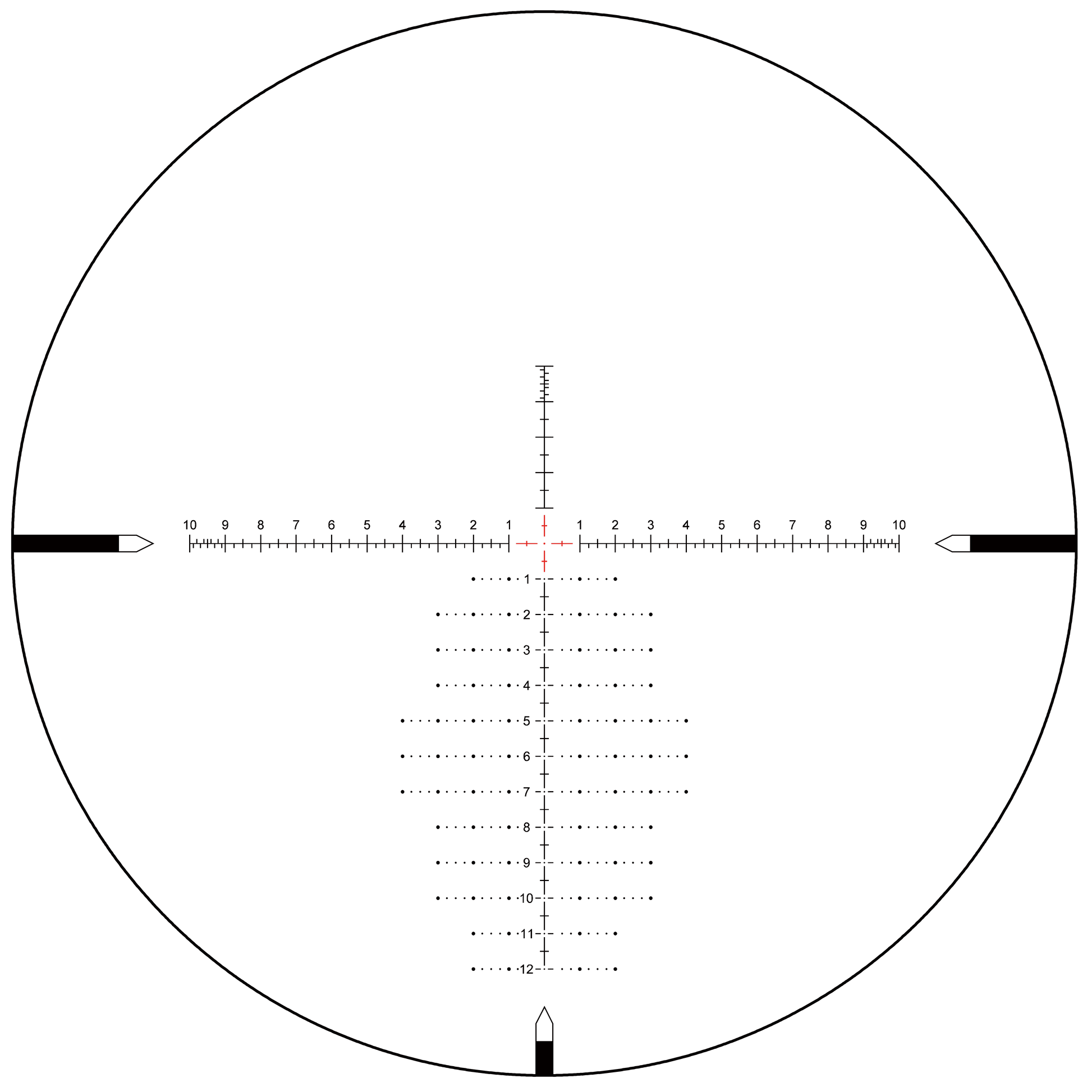 MIL FFP Absehen des Tauron 6-24x50 HD Zielfernrohrs mit roter Beleuchtung für präzises Zielen bei PRS und Long-Range-Schießen.