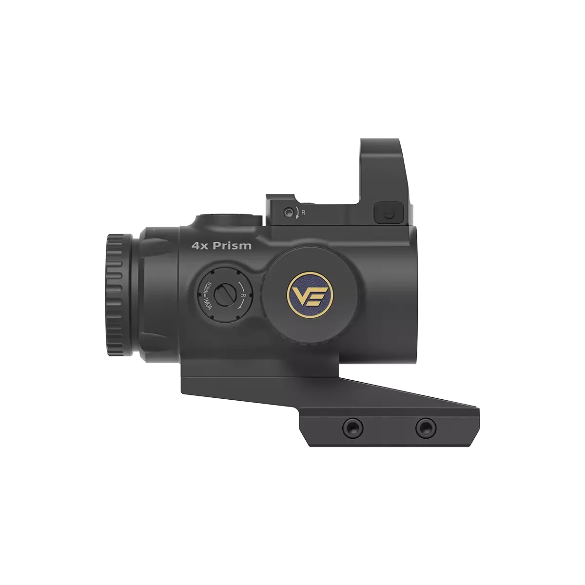 Seitliche Ansicht des Vector Optics 4x24 Prismenvisiers mit VE-Logo, kompakt und stoßfest für den Einsatz auf modernen Waffenplattformen.
