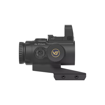 Seitliche Ansicht des Vector Optics 4x24 Prismenvisiers mit VE-Logo, kompakt und stoßfest für den Einsatz auf modernen Waffenplattformen.