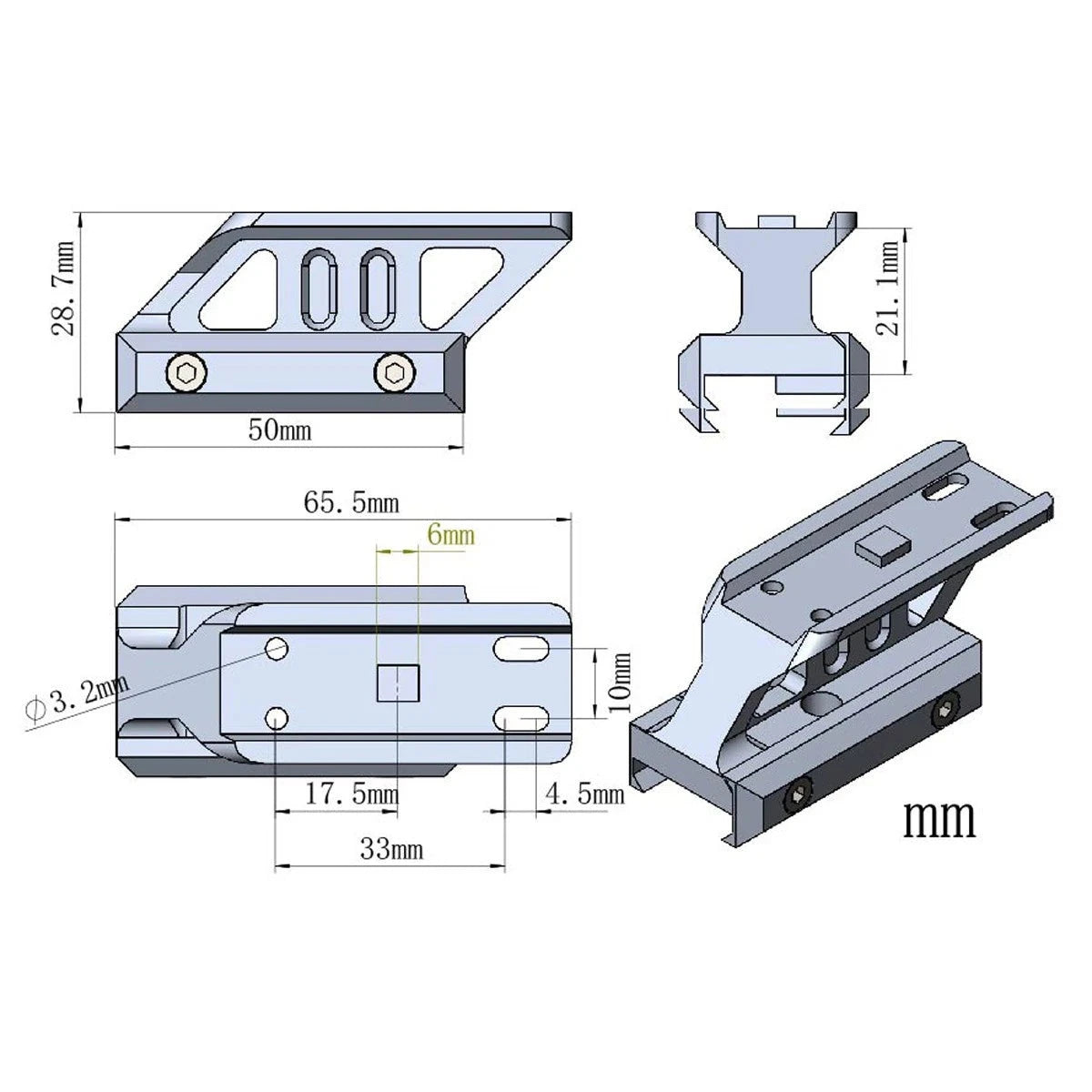 Technische Zeichnung der Montage RUM auf Picatinny Riser Mount MAV-P08 mit genauen Maßen und Details zur Befestigung und Kompatibilität.