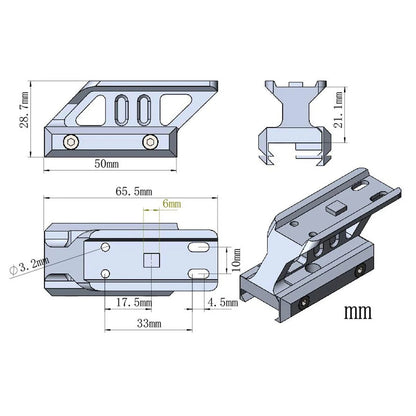 Technische Zeichnung der Montage RUM auf Picatinny Riser Mount MAV-P08 mit genauen Maßen und Details zur Befestigung und Kompatibilität.