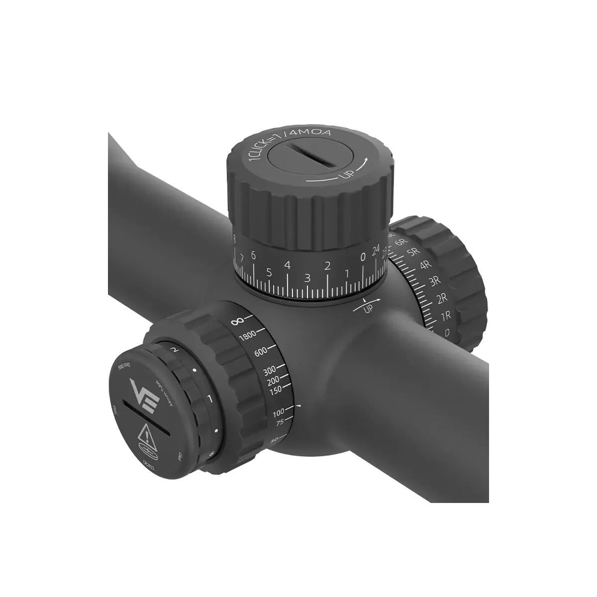 Detailansicht der Verstelltürme des Tauron MOA FFP Zielfernrohrs 6-24x50 mit klarer MOA-Skalierung für präzise Einstellungen.