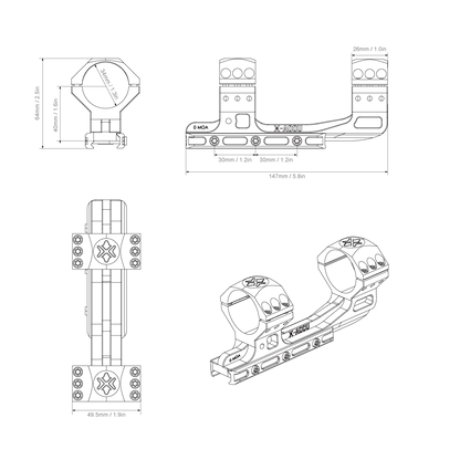 Technische Zeichnung der Cantilever 40mm Höhe - 34mm Zielfernrohrmontage 0MOA mit detaillierten Maßen für präzise Planung und Montage.