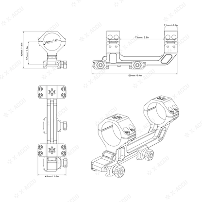 Technische Zeichnung der Cantilever Montage 30mm, Höhe 40mm, mit Maßangaben für exakte Montage von Zielfernrohr-Zubehör.