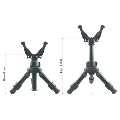 Größenvergleich des kompakten Tripods RSGR-06 in zwei Höhenstufen. Ideal für flexible Jagdanwendungen mit stabiler Ausrichtung.