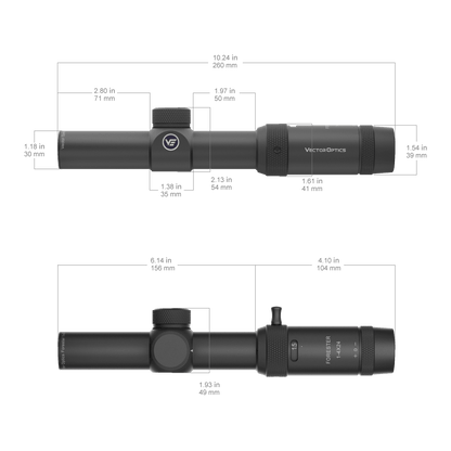 Technische Zeichnung des Vector Optics Forester 1–4×24 SFP mit genauen Abmessungen für Montage und Kompatibilität.