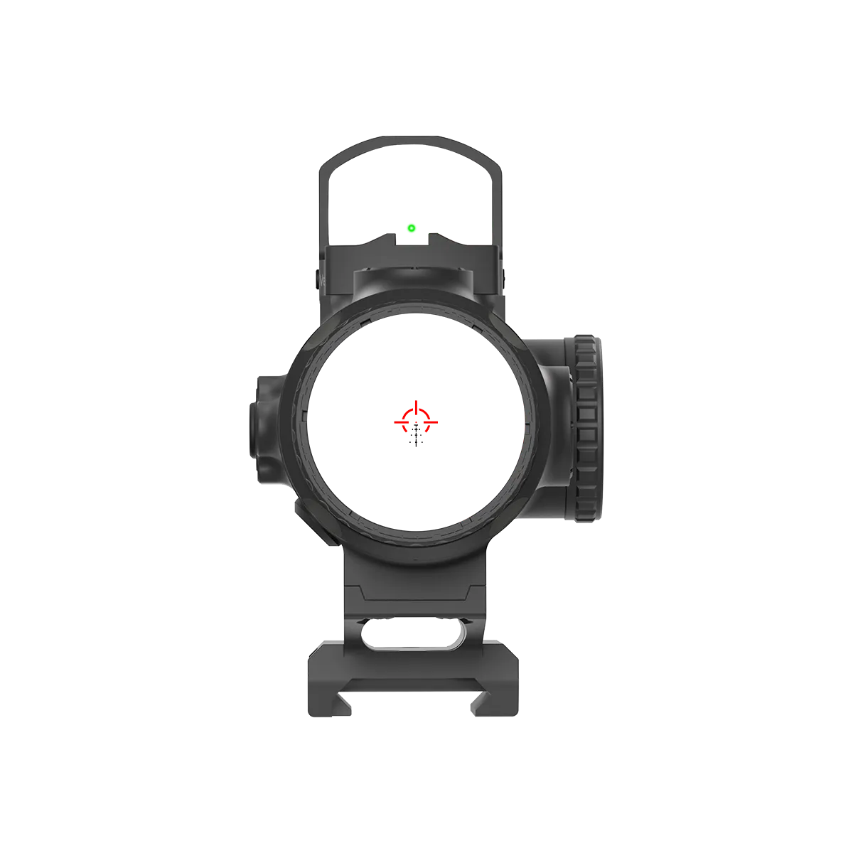 Vorderansicht des Vector Optics Prismenvisiers mit rotem BDC-Absehen und grünem Dot, optimiert für schnelle Zielerfassung bei CQB-Szenarien.