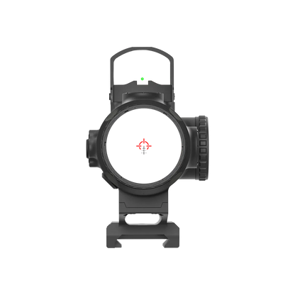 Vorderansicht des Vector Optics Prismenvisiers mit rotem BDC-Absehen und grünem Dot, optimiert für schnelle Zielerfassung bei CQB-Szenarien.