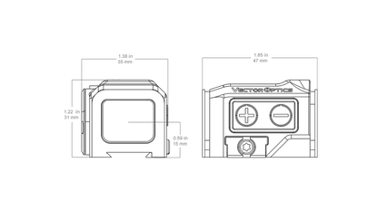 Technische Zeichnung des Frenzy Plus 1×18×22 Rotpunktvisiers mit präzisen Abmessungen für Montageplanung und Kompatibilitätsprüfung.