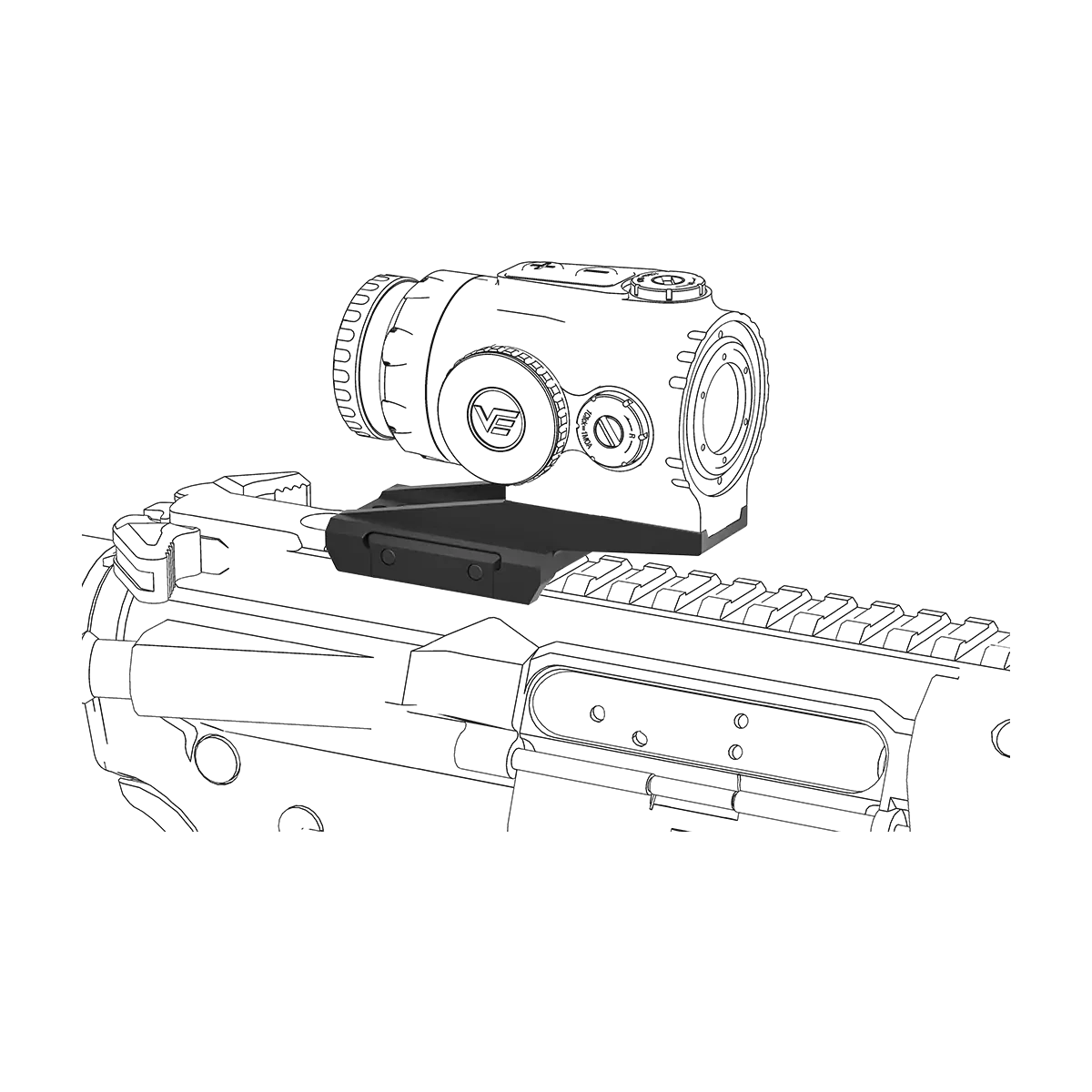 Montage RUM auf Picatinny mit montiertem Rotpunktvisier, kompatibel mit Vector Optics für taktische Anwendungen.