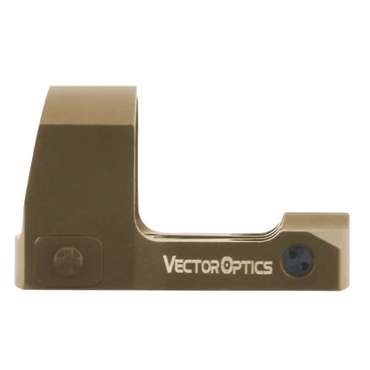 Seitenprofil des Vector Optics Frenzy-S 1x17x24 Reflex Sights mit Logo und robustem Aluminiumkörper für präzises Zielen bei der Jagd.