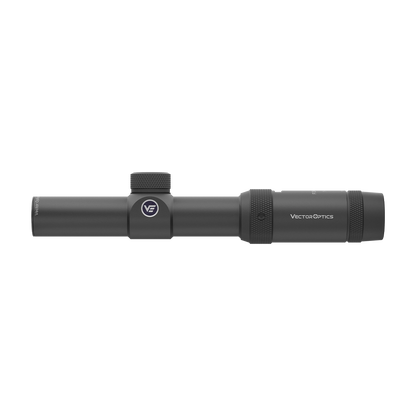 Seitliche Ansicht des Vector Optics Forester 1–4×24 SFP mit klarer Markenkennzeichnung und kompaktem LPVO-Design.