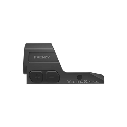 Seitliche Ansicht des Frenzy 1x16x21 MOS mit Plus-Minus-Tasten und Vector Optics Logo, ideal für präzise Zielerfassung.