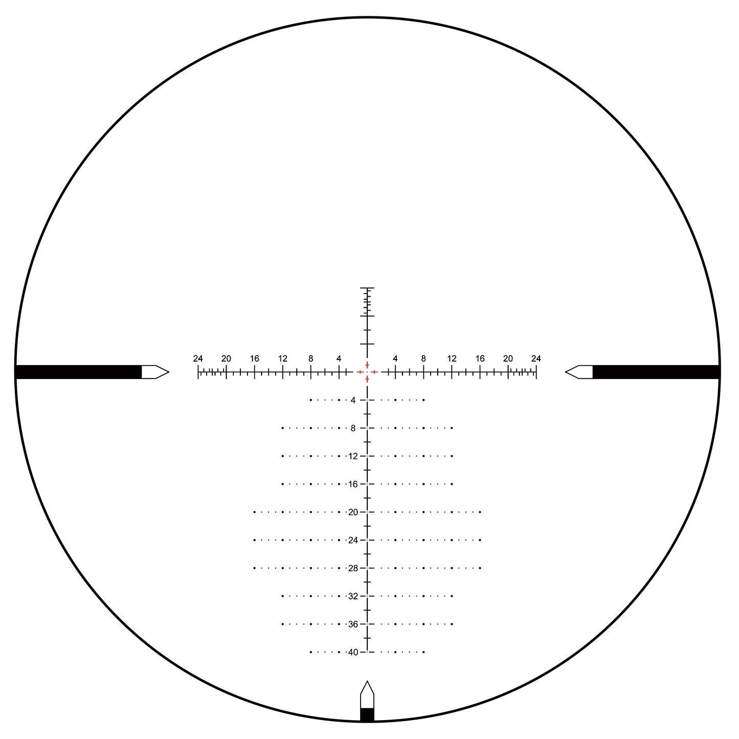 VTA-4 MOA Absehen des Tauron MOA FFP Zielfernrohrs 6-24x50 mit rotem Leuchtpunkt für präzises Zielen bei Long-Range-Schüssen.