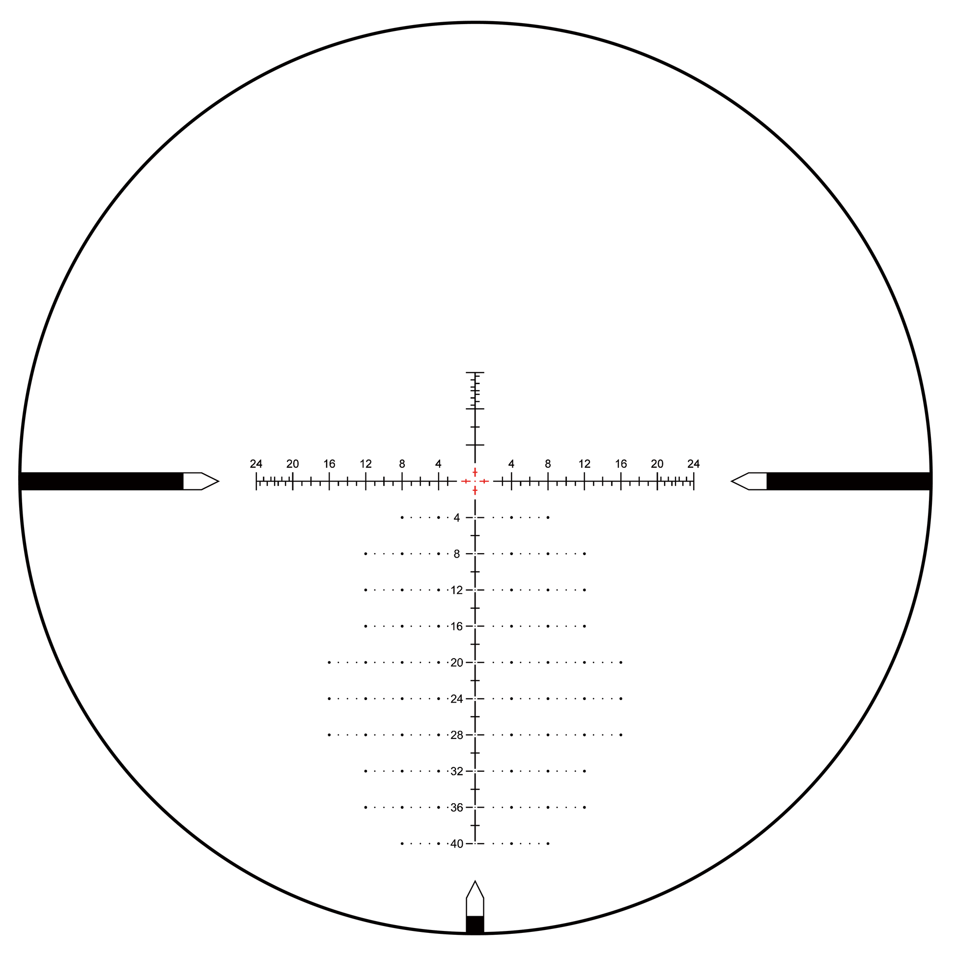 VTA-4 MOA Absehen des Tauron MOA FFP Zielfernrohrs 6-24x50 mit rotem Leuchtpunkt für präzises Zielen bei Long-Range-Schüssen.