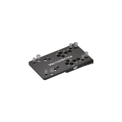 Montageplatte SCFRM-21 mit montierten Führungsstiften für CZ Shadow Red-Dot Adapter, kompatibel mit Frenzy-Serie und CZ SP-01 Pistolen.