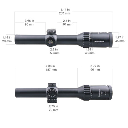 Technische Maße des Vector Optics Continental X6 1–6×24 Fiber Zielfernrohrs mit LPVO-Spezifikationen und kompaktem Design für Jagd.