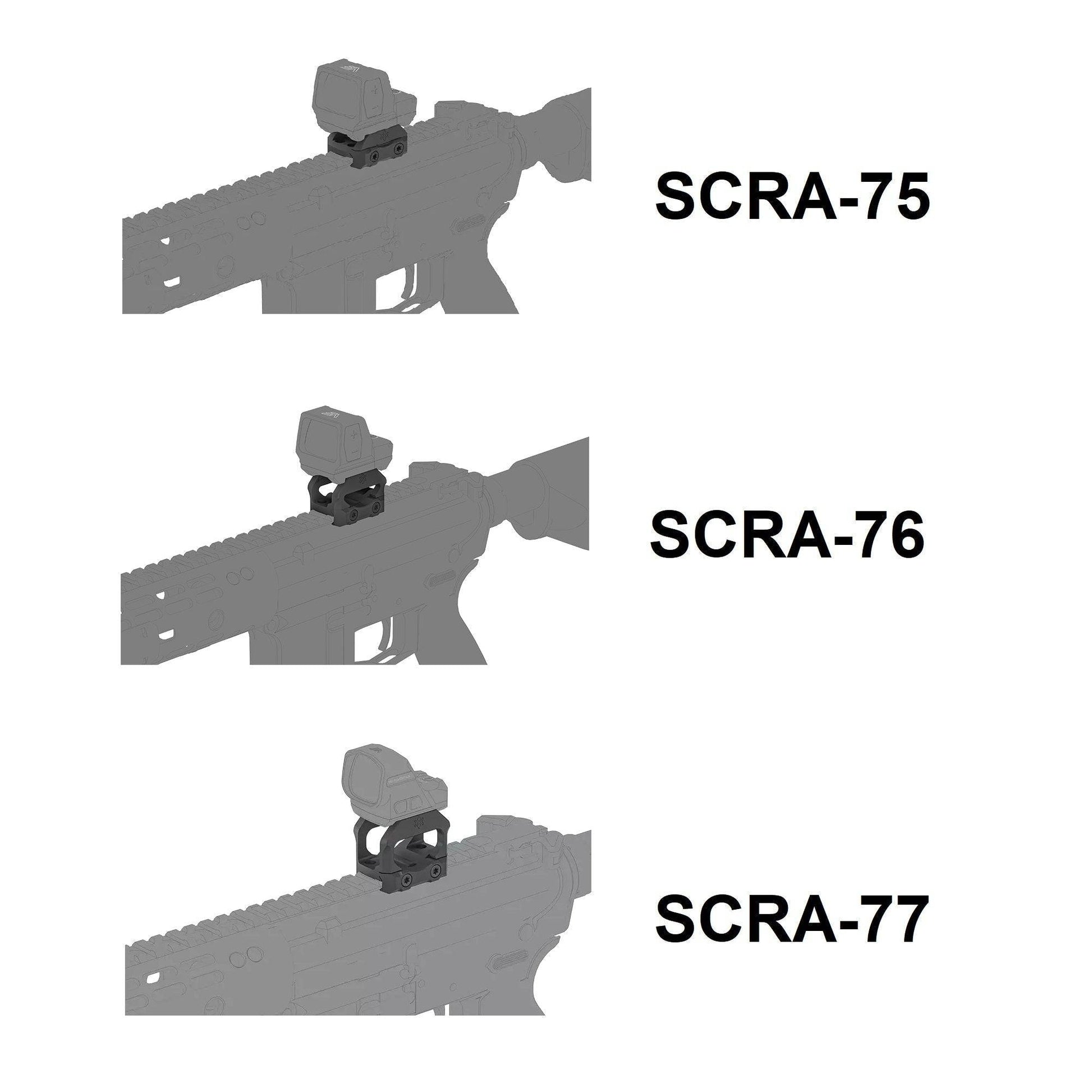 VAS™ Montagen SCRA-75, SCRA-76 und SCRA-77 auf AR-15 Gewehren montiert, zeigen flexible Höhenoptionen für Red Dot Sights auf Picatinny-Schienen.