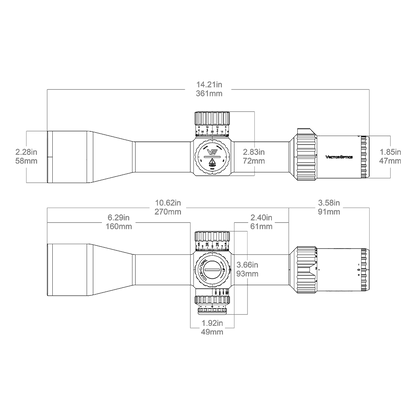 Technische Zeichnung des Tauron 6-24x50 HD Zielfernrohrs - MIL FFP mit genauen Abmessungen für Montage und Kompatibilität.