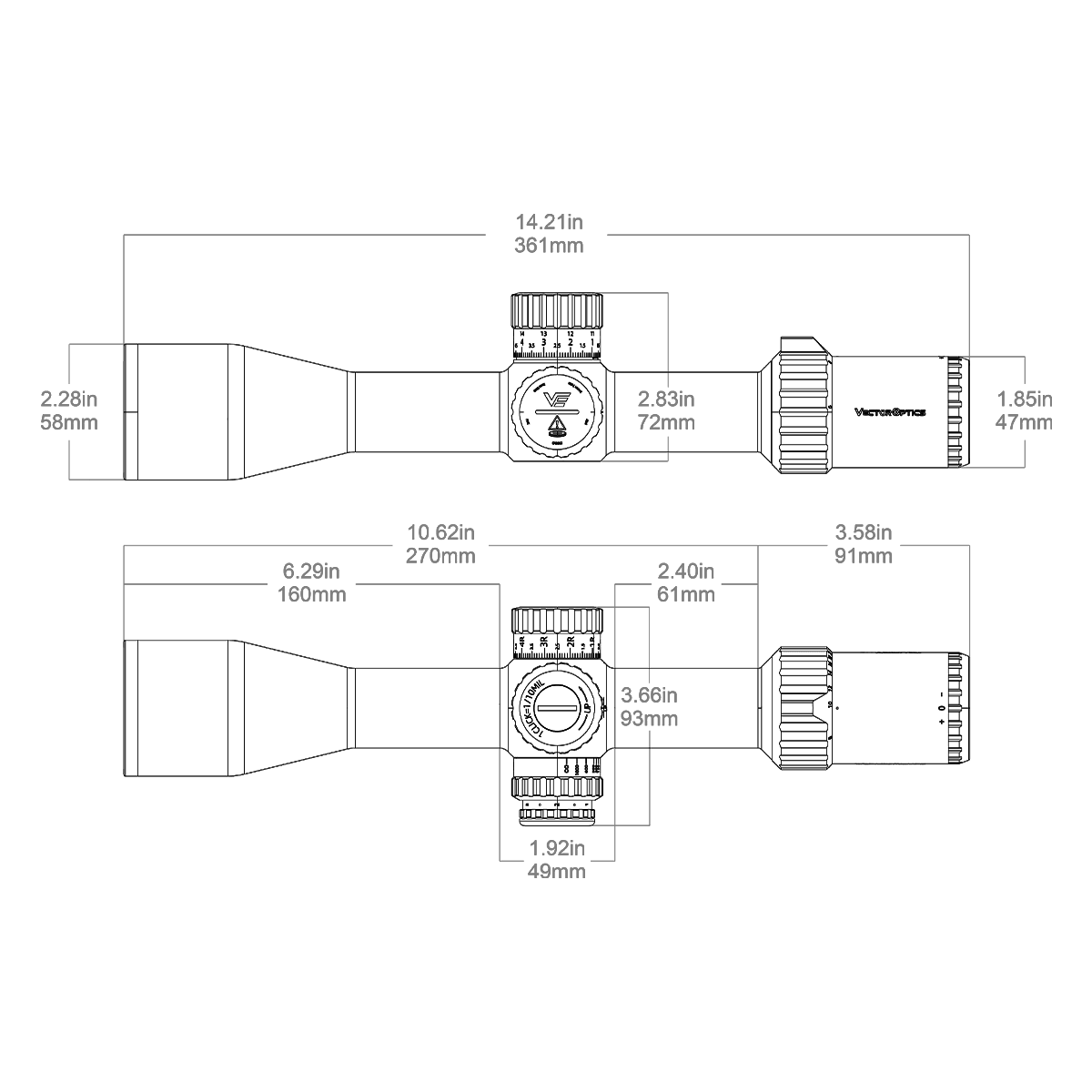 Technische Zeichnung des Tauron MOA FFP Zielfernrohrs 6-24x50 mit genauen Abmessungen für Montage und Kompatibilität.