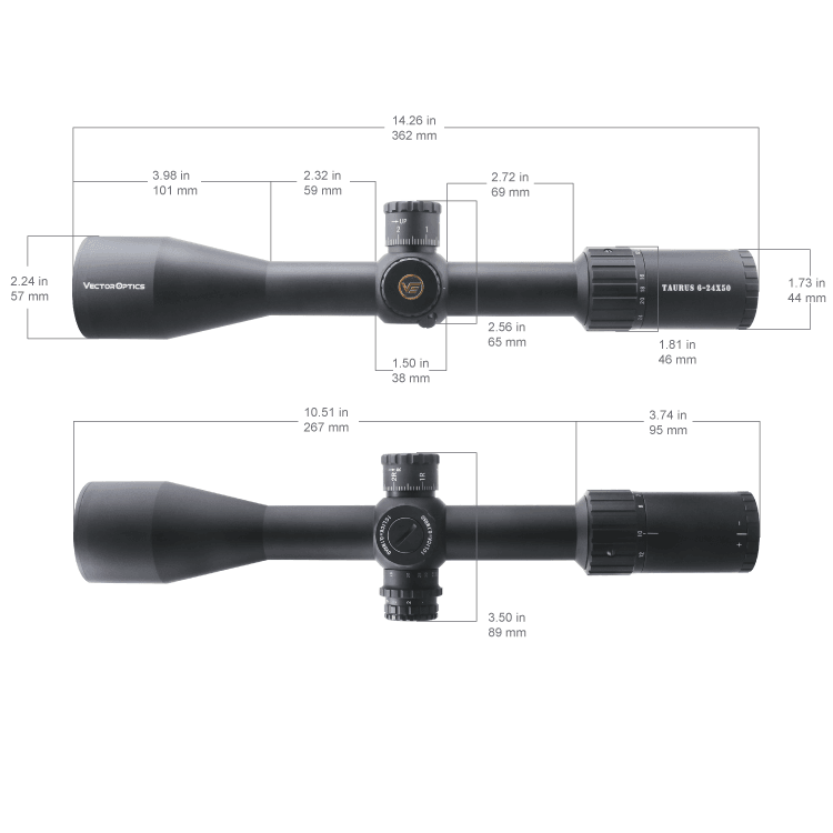 Technische Zeichnung des Vector Optics Tauron 6-24x50 HD SFP Zielfernrohrs mit Maßangaben für präzise Montage und Ausrichtung auf Waffen.