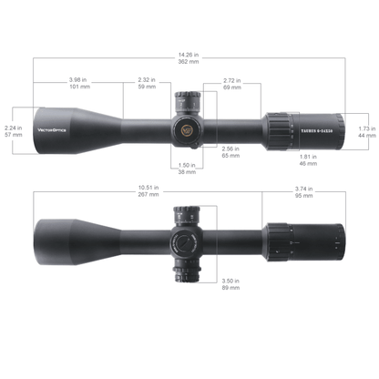 Technische Zeichnung des Vector Optics Tauron 6-24x50 HD SFP Zielfernrohrs mit Maßangaben für präzise Montage und Ausrichtung auf Waffen.