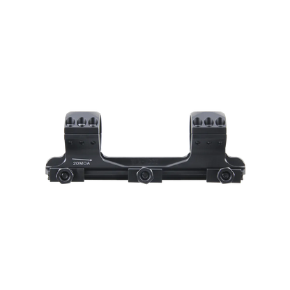 Frontansicht der Blockmontage 20MOA Picatinny X-ACCU mit 30mm Ringen, optimiert für präzise Optikmontage bei Langstreckenwaffen.