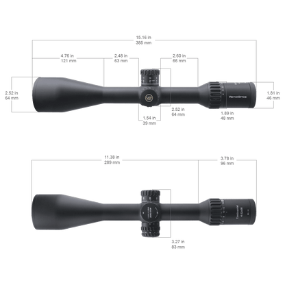 Technische Zeichnung des Continental x8 4-32x56 SFP Zielfernrohrs mit Maßangaben zur optimalen Montage auf Präzisionswaffen.