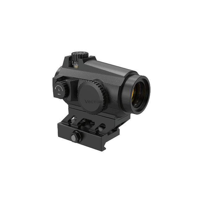 Seitliche Ansicht des Maverick-II Plus Red Dot Sights mit Helligkeitseinstellung und Schutzkappen, ideal für taktische Anwendungen und Jagd.