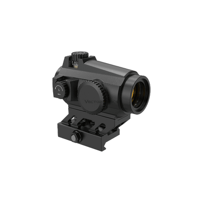 Seitliche Ansicht des Maverick-II Plus Red Dot Sights mit Helligkeitseinstellung und Schutzkappen, ideal für taktische Anwendungen und Jagd.