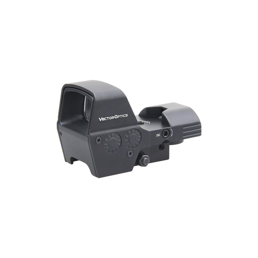 Omega 1×23×33 Reflexvisier Vectro Optics SCRD‑48 mit robustem Gehäuse, seitlichem Batteriefach und Bedienelementen für Helligkeit und Absehen.