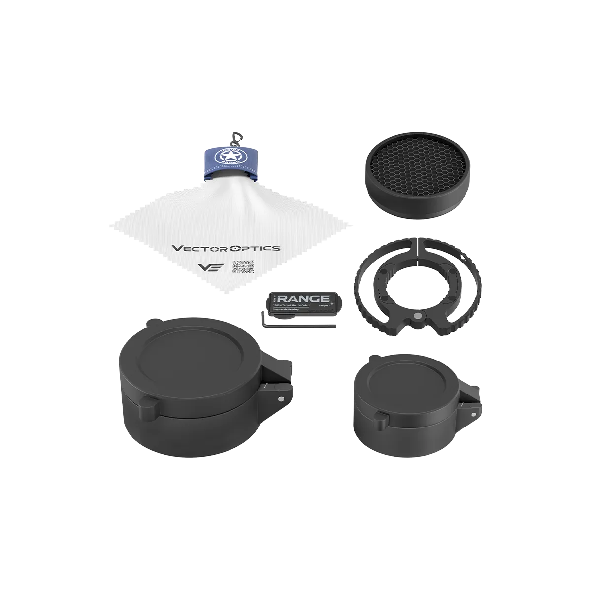 Lieferumfang des Veyron GenII 4-16x44 HD CTR Zielfernrohrs inklusive Schutzkappen, Reinigungstuch und Zubehörteilen.