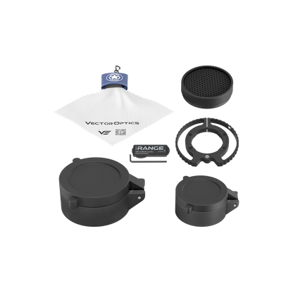 Lieferumfang des Veyron GenII 4-16x44 HD CTR Zielfernrohrs inklusive Schutzkappen, Reinigungstuch und Zubehörteilen.