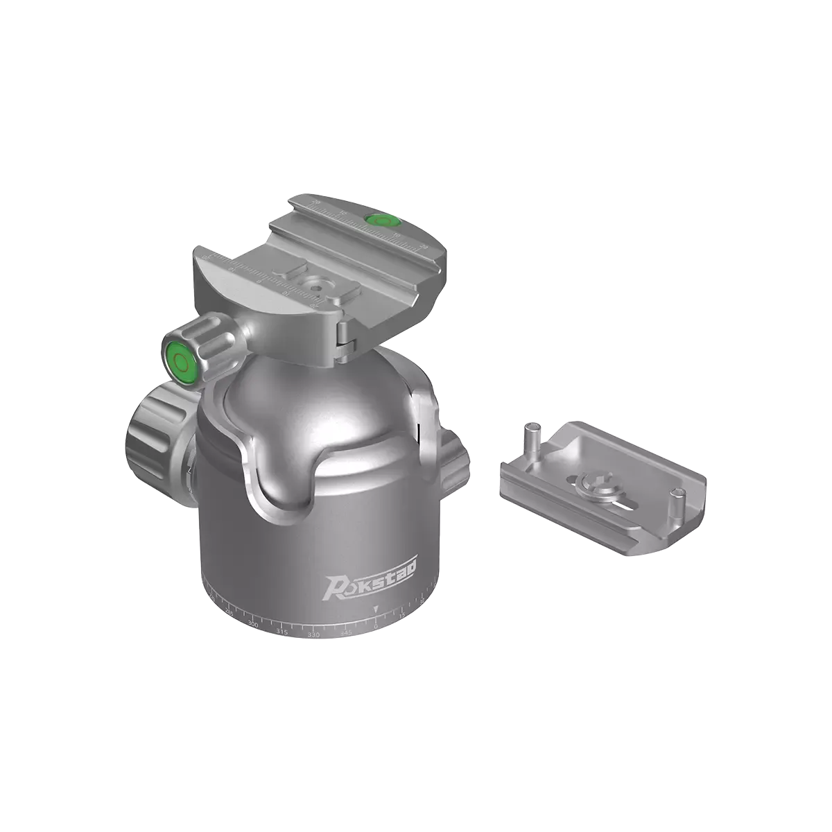 Kugelkopf 56mm mit abnehmbarer Schnellwechselplatte, kompatibel mit ARCA- und Picatinny-Systemen für vielseitige Kamera- und Optikmontage.