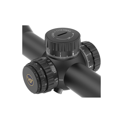 Detailansicht der Verstelltürme des Vector Optics Tauron 3-18x50 GenII FFP mit präziser Klickverstellung und Entfernungsskala.