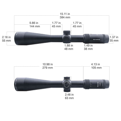 Technische Zeichnung des Forester 3-15x50 SFP Zielfernrohrs mit exakten Abmessungen für Montageplanung und Kompatibilität.