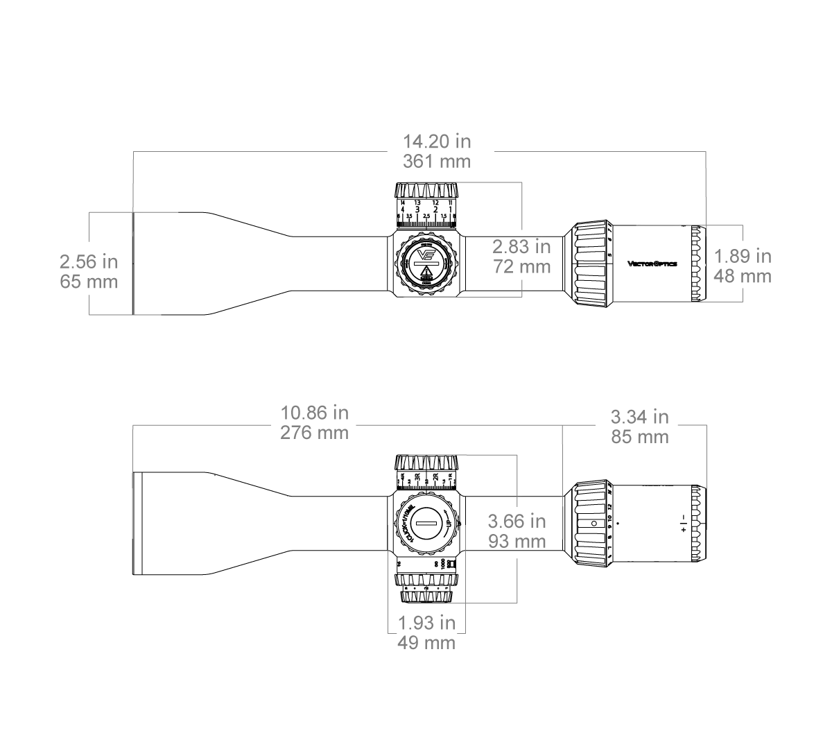 Technische Zeichnung des Tauron HD MIL FFP Scopes mit Maßangaben und Abmessungen für präzise Montage und Anwendung.
