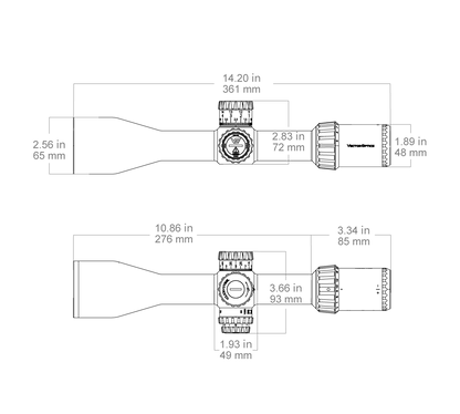 Technische Zeichnung des Tauron HD MIL FFP Scopes mit Maßangaben und Abmessungen für präzise Montage und Anwendung.