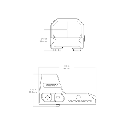 Technische Zeichnung des Frenzy 1x16x24 Walther Red Dot Sight mit genauen Maßen für präzise Waffenmontage.