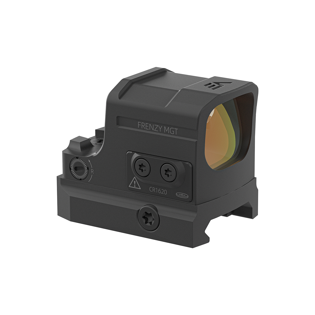 Seitliche Ansicht des Frenzy-S Red Dot Visiers mit CR1620-Batteriefach und MGT-Montage. Stoßfestes Gehäuse für taktische Anwendungen.