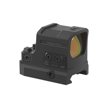 Seitliche Ansicht des Frenzy-S Red Dot Visiers mit CR1620-Batteriefach und MGT-Montage. Stoßfestes Gehäuse für taktische Anwendungen.