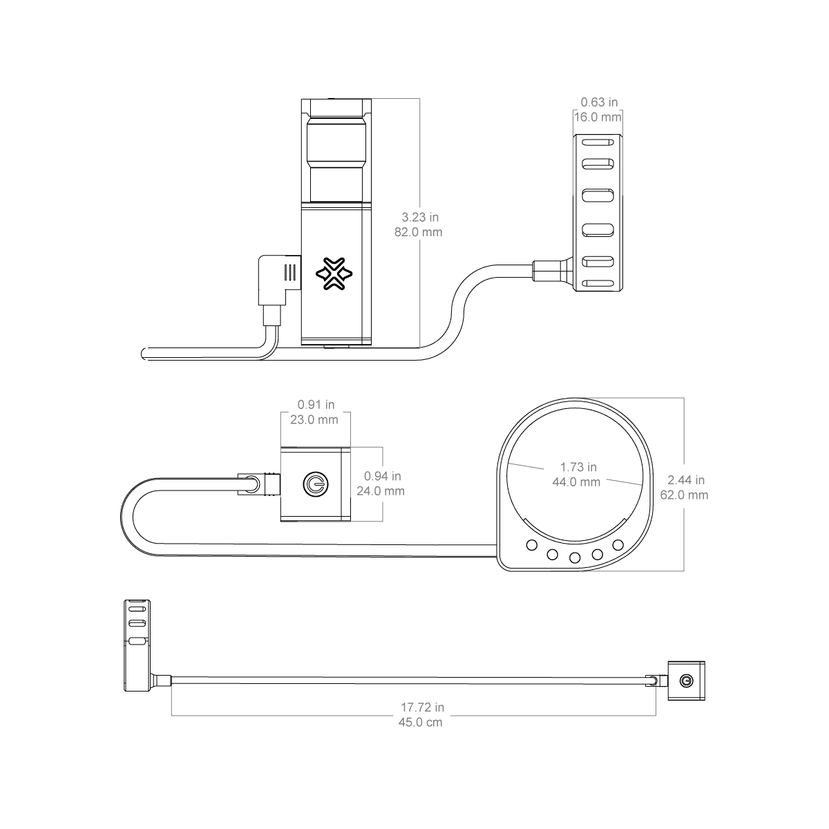 Technische Zeichnung der elektronischen Wasserwaage SCACD-28 mit Maßen